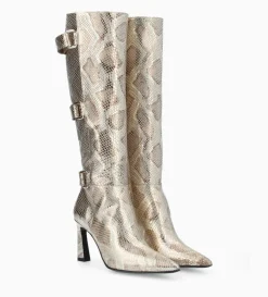 New FREE LANCE Paris Botte à talon avec boucles - Cathy 85 - Cuir imprimé serpent - Doré