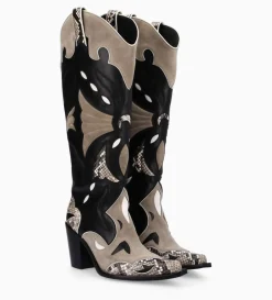 FREE LANCE Paris Botte western à talon - Annie 80 - Cuir de veau/Velours/Nappa/Serpent - Noir/Beige/Taupe