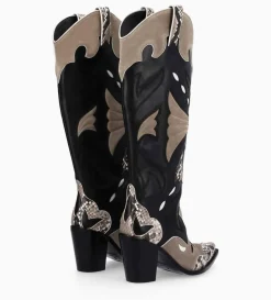 FREE LANCE Paris Botte western à talon - Annie 80 - Cuir de veau/Velours/Nappa/Serpent - Noir/Beige/Taupe