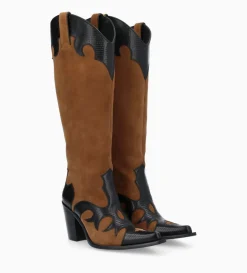 Online FREE LANCE Paris Botte western brodée à talon - Terry 80 - Cuir velours/Cuir imprimé lézard - Noir/Brun