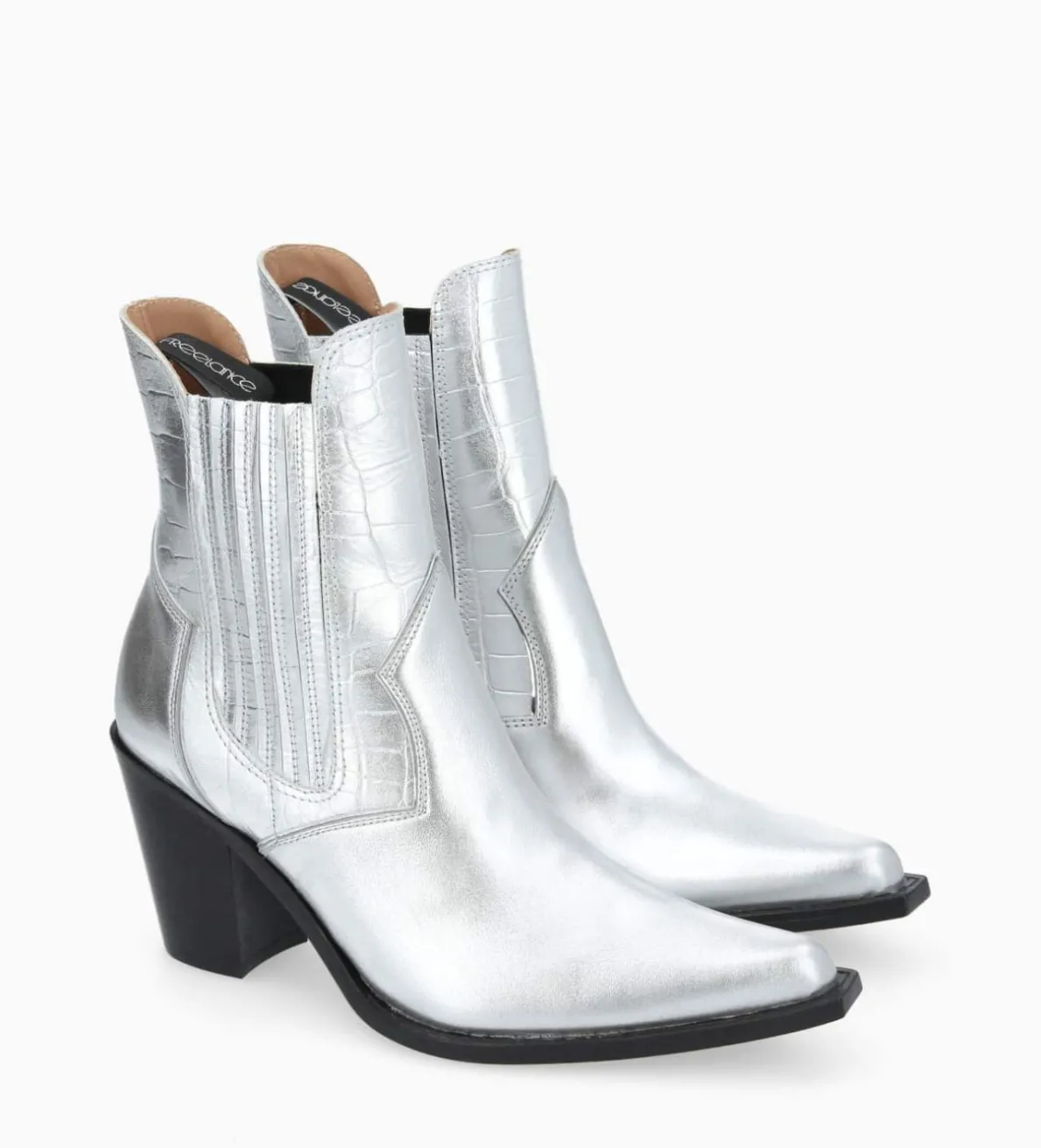 Best FREE LANCE Paris Bottine chelsea à talon - Sandy 80 - Cuir imprimé crocodile/Cuir métallisé - Argent