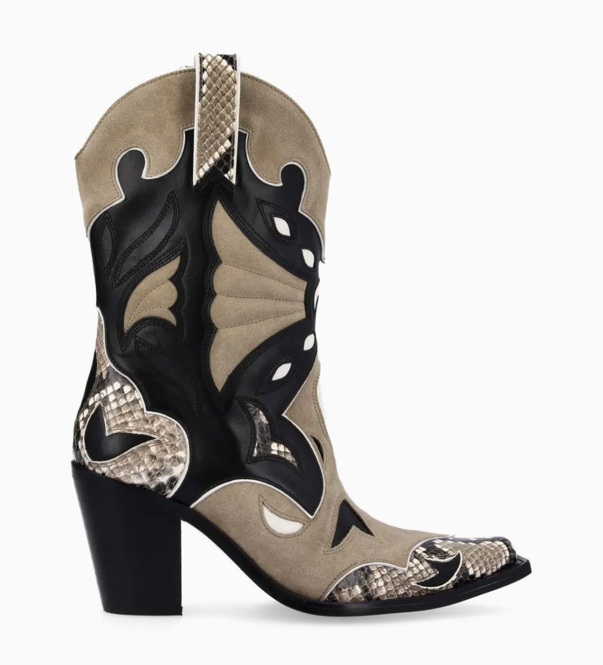 Hot FREE LANCE Paris Bottine western à talon - Andrea 80 - Cuir de veau/Velours/Nappa/Serpent - Noir/Beige/Taupe