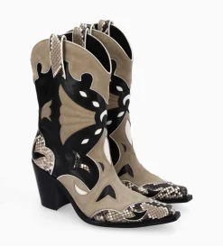 Hot FREE LANCE Paris Bottine western à talon - Andrea 80 - Cuir de veau/Velours/Nappa/Serpent - Noir/Beige/Taupe