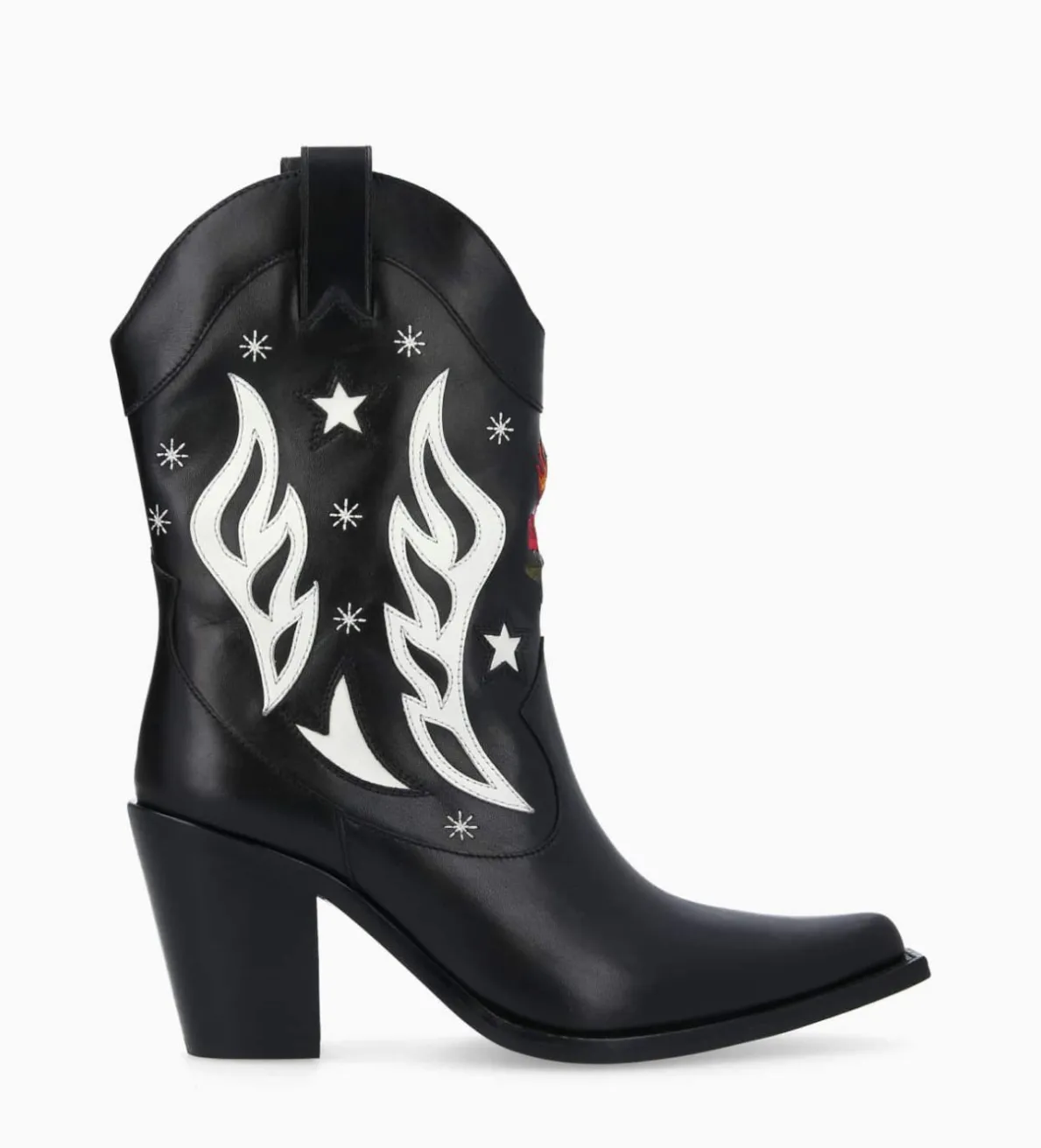 FREE LANCE Paris Bottine western à talon brodée - Tippi 80 - Cuir de veau lisse brillant - Noir/Beige