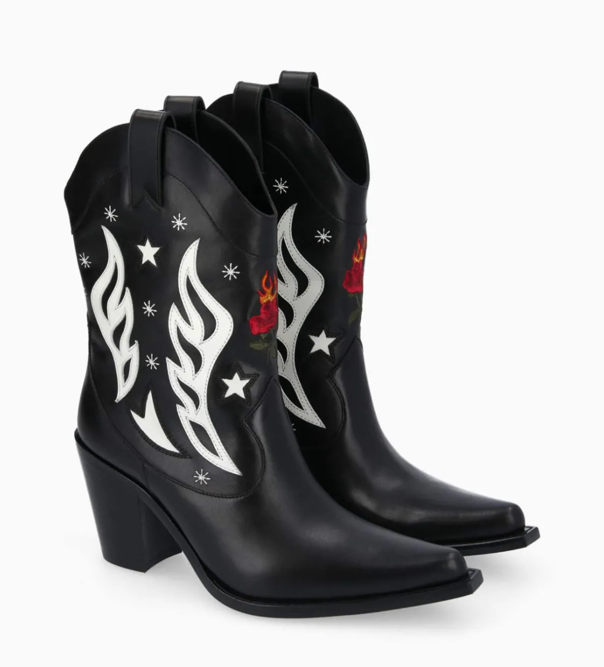 FREE LANCE Paris Bottine western à talon brodée - Tippi 80 - Cuir de veau lisse brillant - Noir/Beige