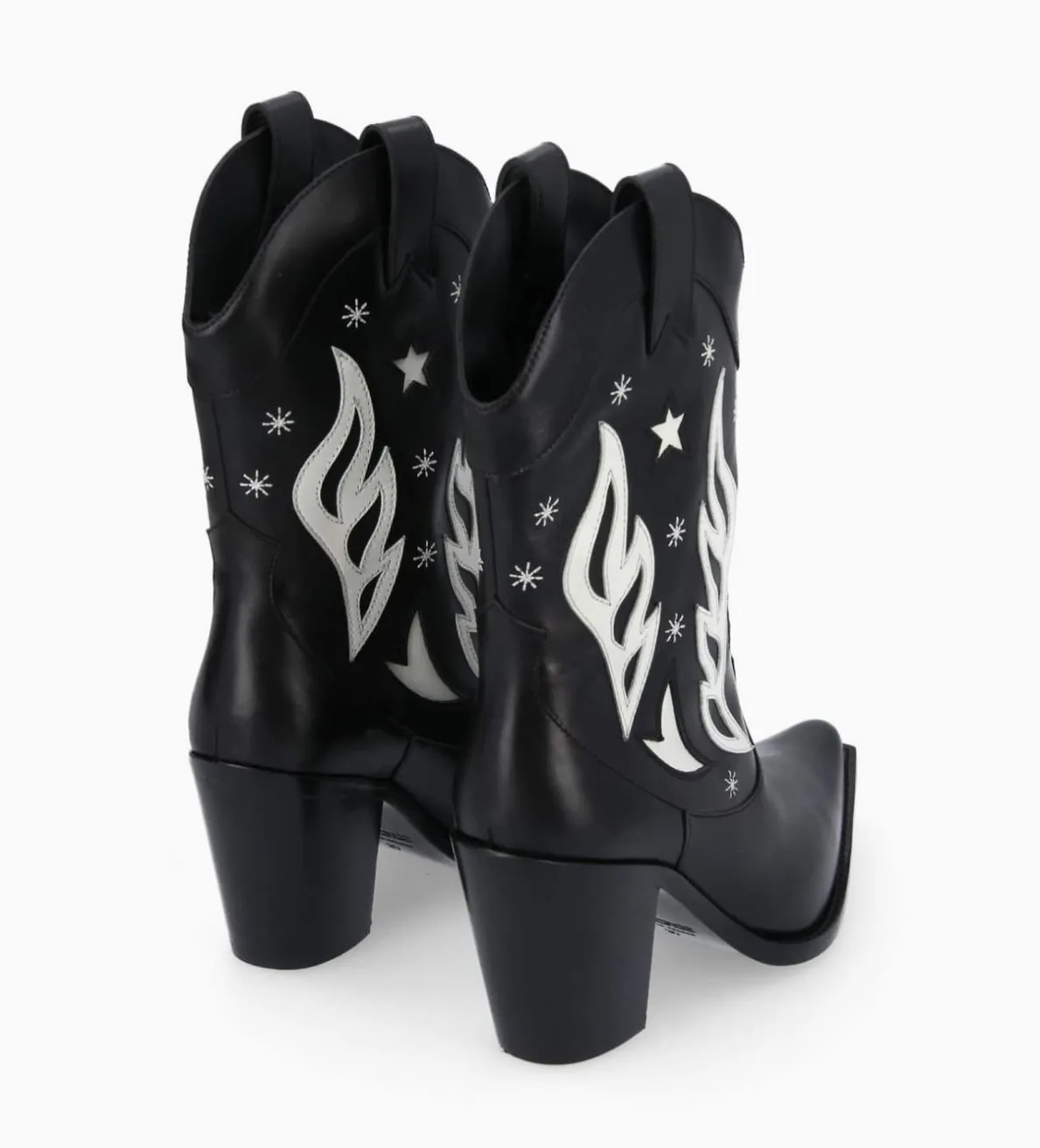 FREE LANCE Paris Bottine western à talon brodée - Tippi 80 - Cuir de veau lisse brillant - Noir/Beige