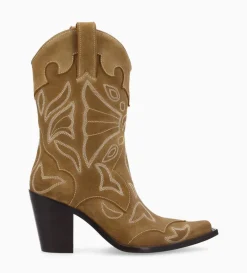 Sale FREE LANCE Paris Bottine western brodée à talon - Andrea 80 - Cuir velours - Sienna
