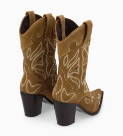 Sale FREE LANCE Paris Bottine western brodée à talon - Andrea 80 - Cuir velours - Sienna