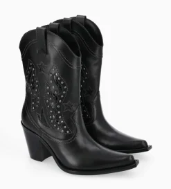 Clearance FREE LANCE Paris Bottine western brodée à talon avec clous - Tippi 80 - Cuir de veau lisse/Cuir imprimé serpent - Noir
