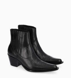 Hot FREE LANCE Paris Bottine western chelsea brodée à talon - Simone 50 - Cuir de veau lisse brillant - Noir
