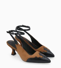Discount FREE LANCE Paris Escarpin à bride arrière - Suzy 60 - Cuir velours/Cuir imprimé lézard - Noir/Brun