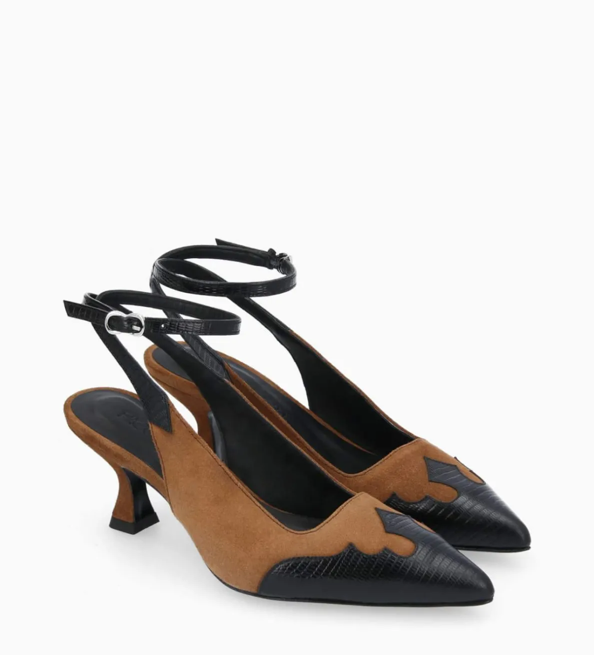 Discount FREE LANCE Paris Escarpin à bride arrière - Suzy 60 - Cuir velours/Cuir imprimé lézard - Noir/Brun