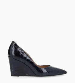 Outlet FREE LANCE Paris Escarpin à talon compensé à bout pointu - Francesca 70 - Cuir imprimé crocodile verni - Bleu nuit Bleunuit