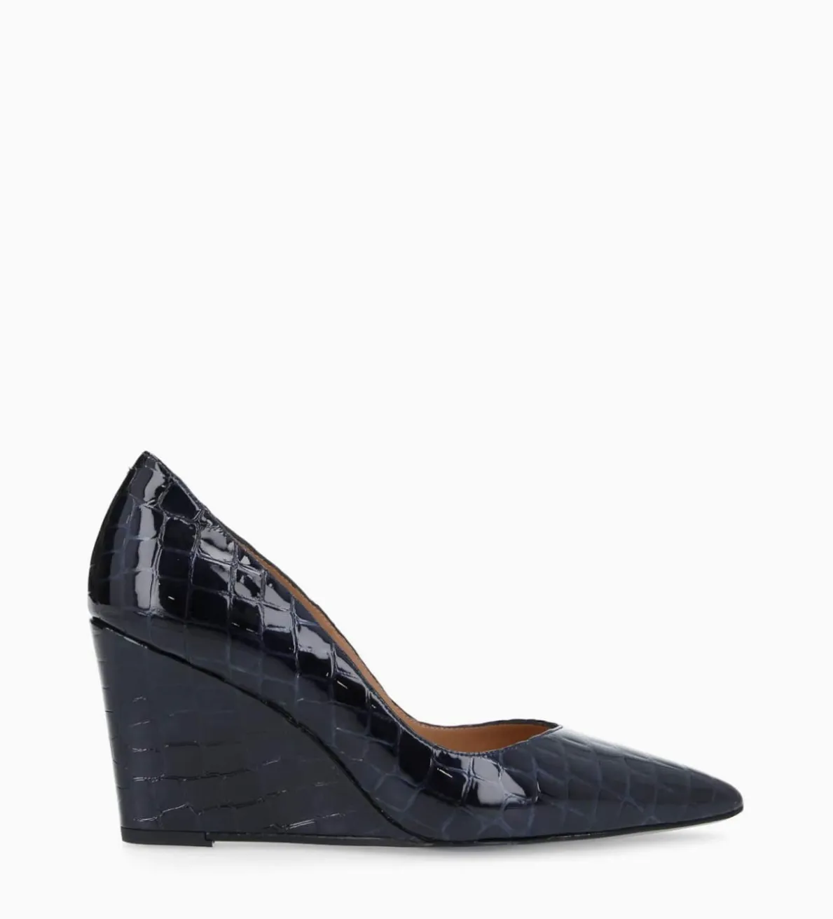 Outlet FREE LANCE Paris Escarpin à talon compensé à bout pointu - Francesca 70 - Cuir imprimé crocodile verni - Bleu nuit Bleunuit