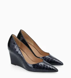 Outlet FREE LANCE Paris Escarpin à talon compensé à bout pointu - Francesca 70 - Cuir imprimé crocodile verni - Bleu nuit Bleunuit