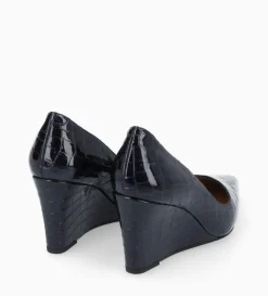 Outlet FREE LANCE Paris Escarpin à talon compensé à bout pointu - Francesca 70 - Cuir imprimé crocodile verni - Bleu nuit Bleunuit