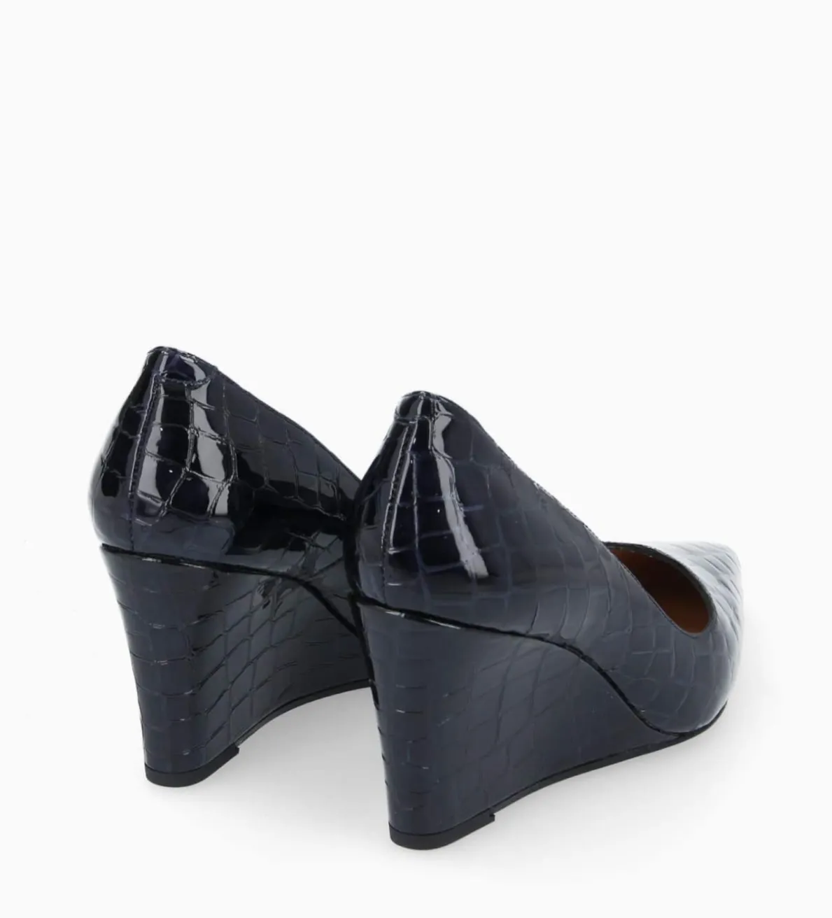 Outlet FREE LANCE Paris Escarpin à talon compensé à bout pointu - Francesca 70 - Cuir imprimé crocodile verni - Bleu nuit Bleunuit