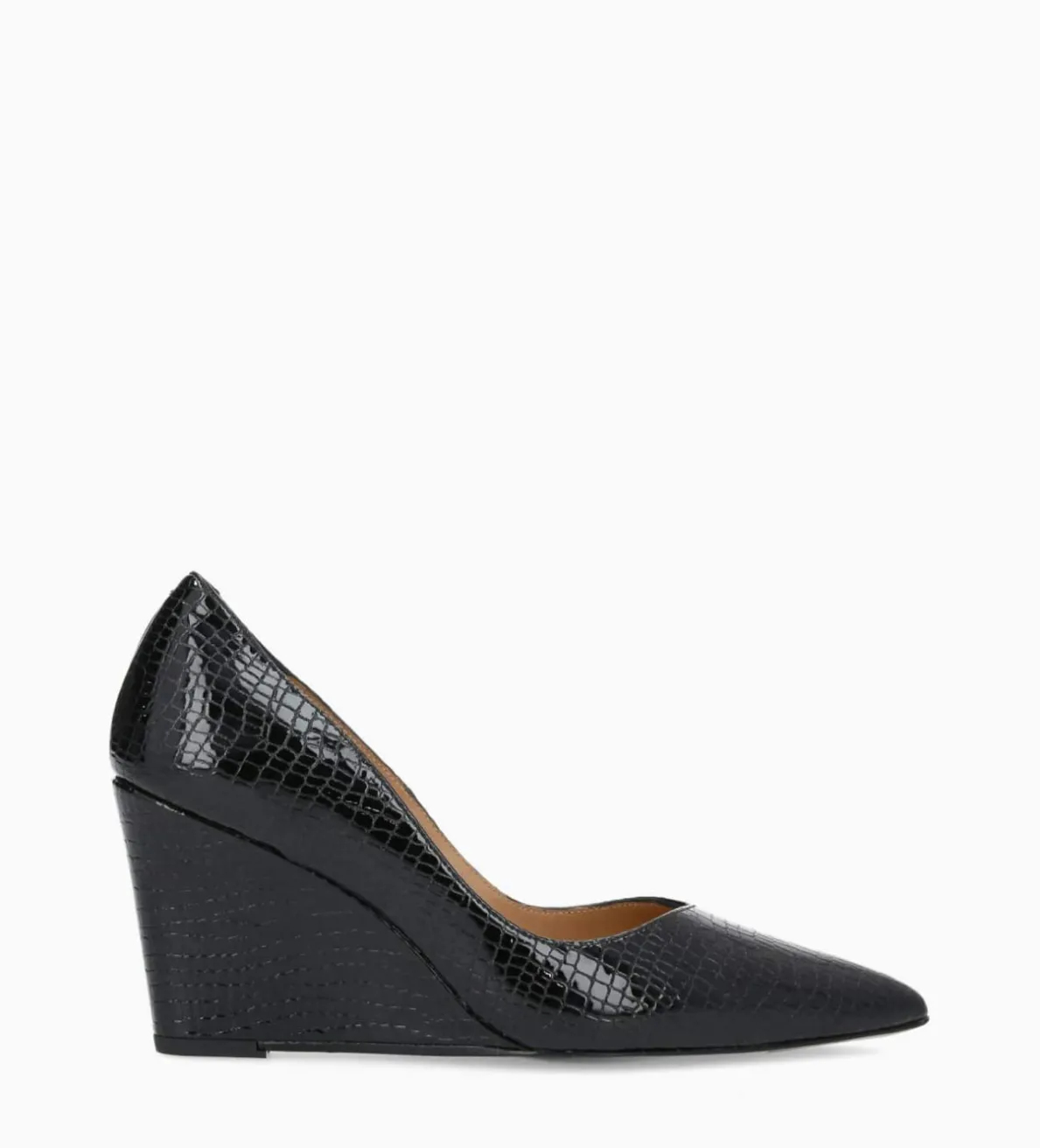 Clearance FREE LANCE Paris Escarpin à talon compensé à bout pointu - Francesca 70 - Cuir imprimé serpent verni - Noir