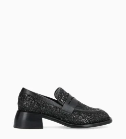 Best FREE LANCE Paris Mocassin à talon à bout carré - Anaïs 50 - Toile pailletée/Cuir de veau - Onyx/Noir