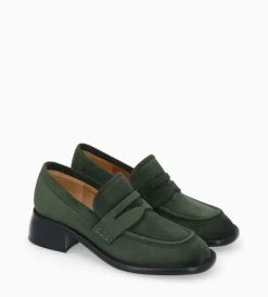 Outlet FREE LANCE Paris Mocassin à talon à bout carré - Anaïs 50 - Cuir velours - Militaire